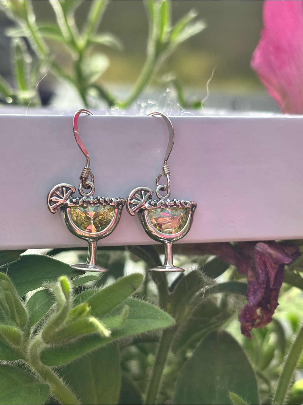 Sterling Silver Cocktail Glass Dangle Earrings with Yellow-Green Crystal